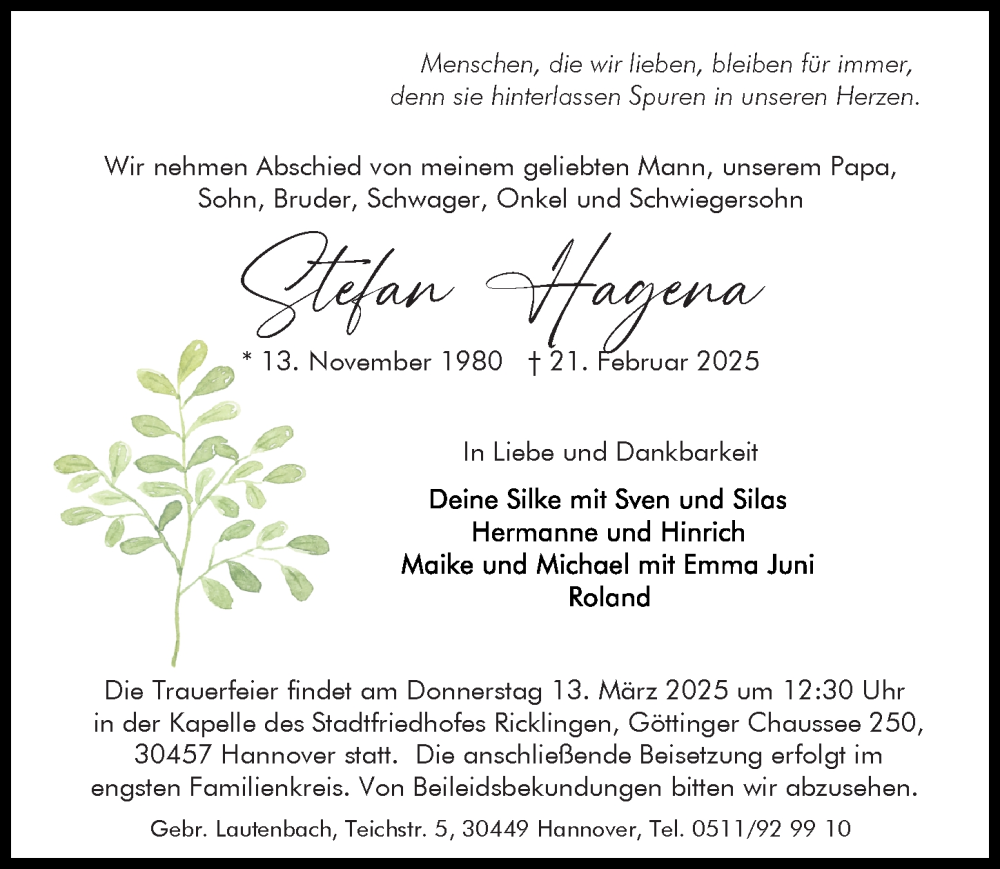  Traueranzeige für Stefan Hagena vom 08.03.2025 aus Hannoversche Allgemeine Zeitung/Neue Presse