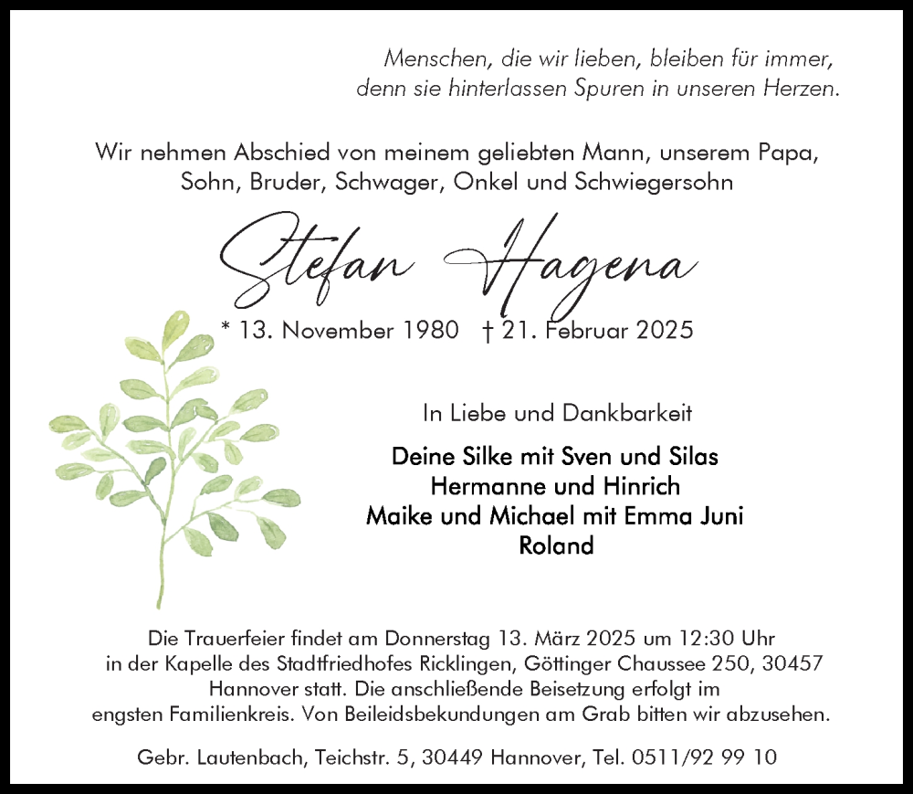  Traueranzeige für Stefan Hagena vom 08.03.2025 aus Hannoversche Allgemeine Zeitung/Neue Presse