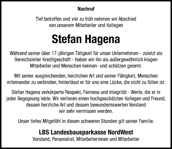 Traueranzeige von Stefan Hagena von Hannoversche Allgemeine Zeitung/Neue Presse