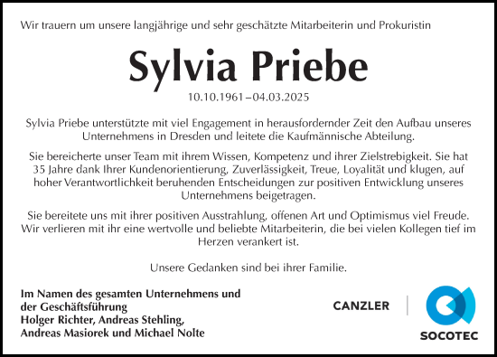 Traueranzeige von Sylvia Priebe von Sächsische Zeitung