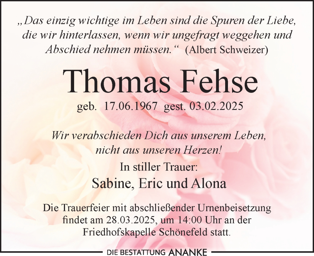  Traueranzeige für Thomas Fehse vom 15.03.2025 aus Leipziger Volkszeitung