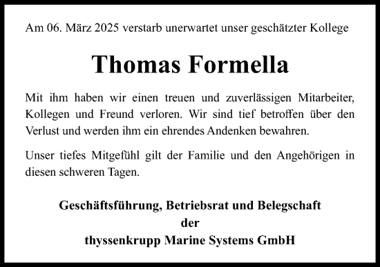 Traueranzeige von Thomas Formella von Kieler Nachrichten