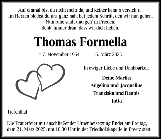 Traueranzeige von Thomas Formella von Kieler Nachrichten