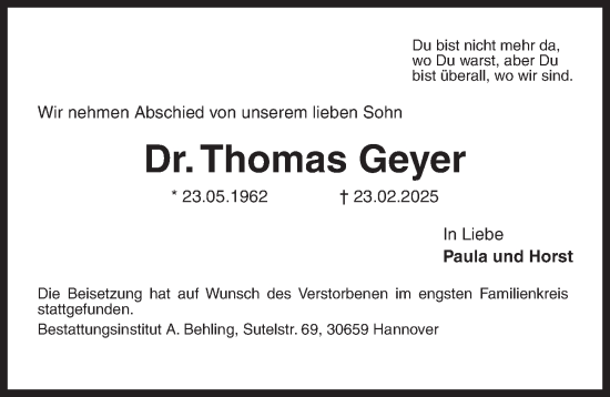 Traueranzeige von Thomas Geyer von Hannoversche Allgemeine Zeitung/Neue Presse