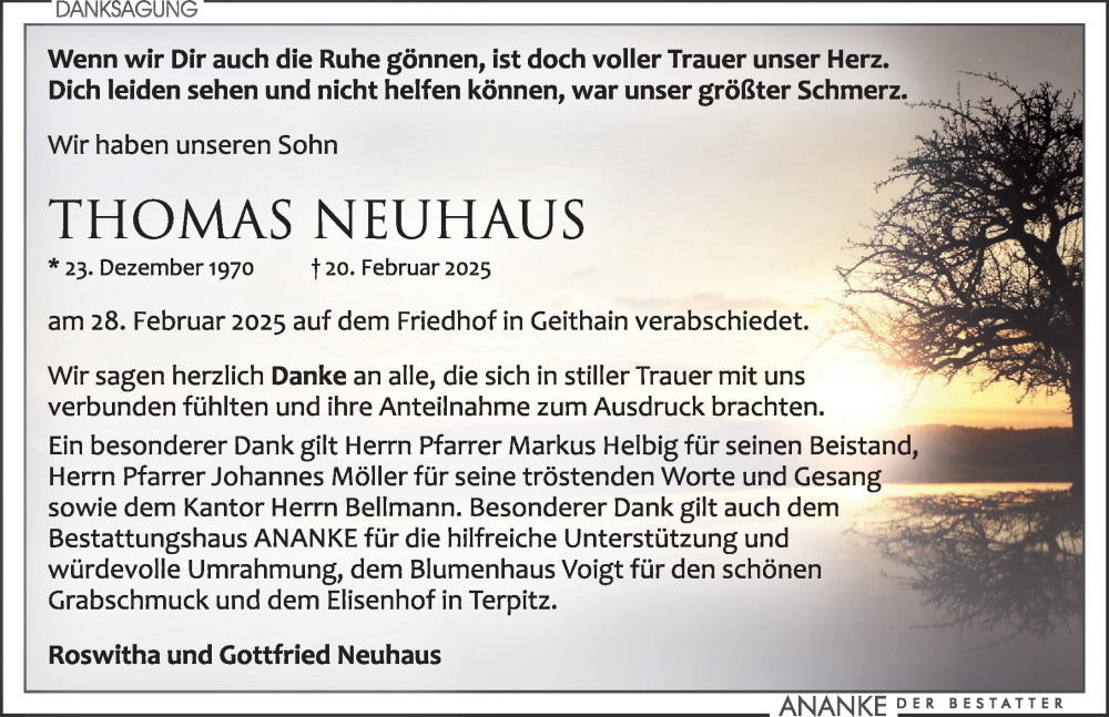  Traueranzeige für Thomas Neuhaus vom 15.03.2025 aus Leipziger Volkszeitung