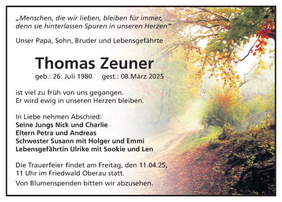 Traueranzeige von Thomas Zeuner von Sächsische Zeitung