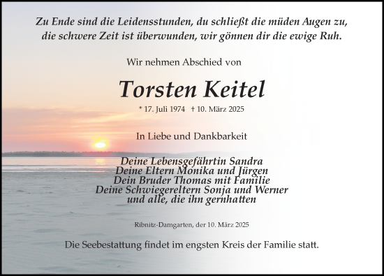 Traueranzeige von Torsten Keitel von Ostsee-Zeitung GmbH