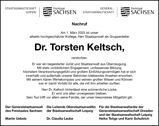 Traueranzeige von Torsten Keltsch von Leipziger Volkszeitung