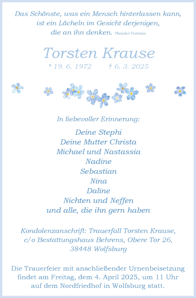  Traueranzeige für Torsten Krause vom 29.03.2025 aus Aller Zeitung