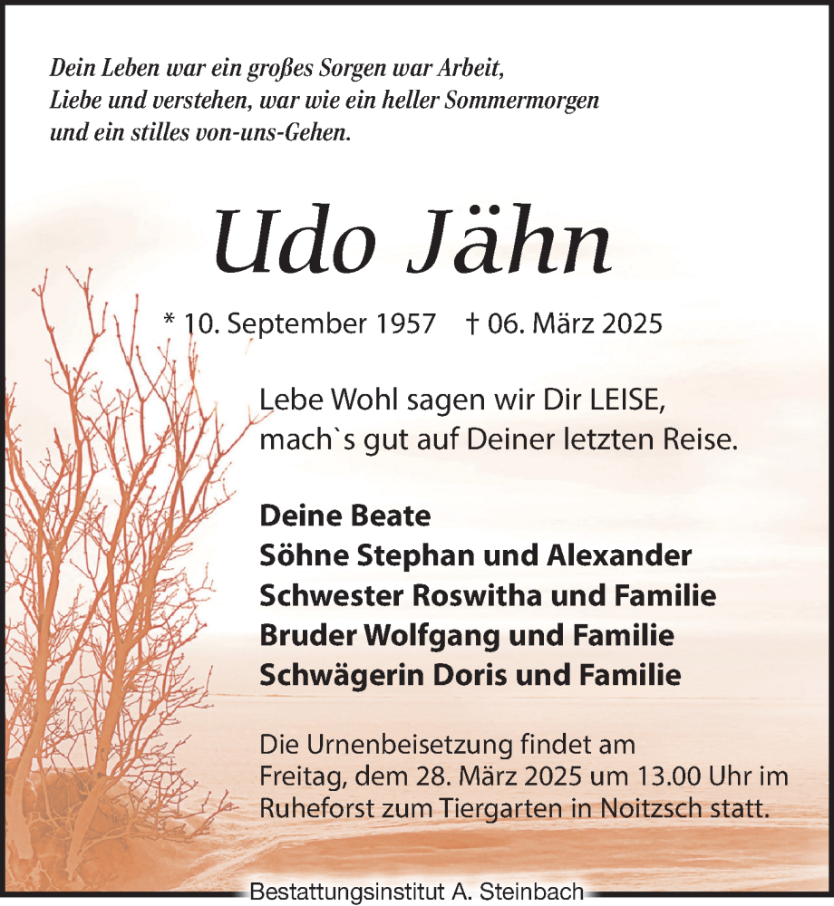 Traueranzeige für Udo Jähn vom 15.03.2025 aus Leipziger Volkszeitung