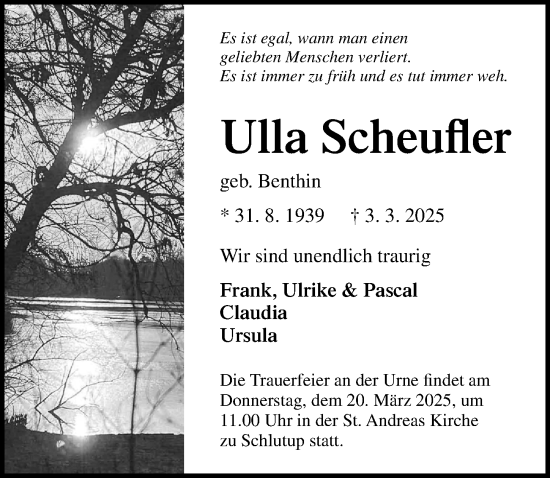 Traueranzeige von Ulla Scheufler von Lübecker Nachrichten
