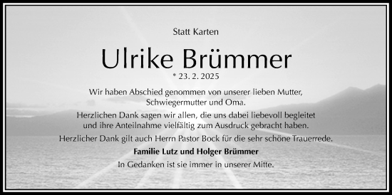 Traueranzeige von Ulrike Brümmer von Täglicher Anzeiger Holzminden