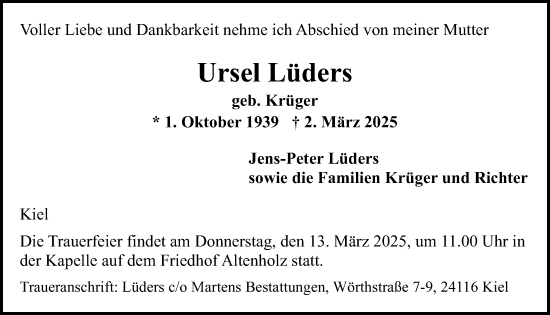Traueranzeige von Ursel Lüders von Kieler Nachrichten