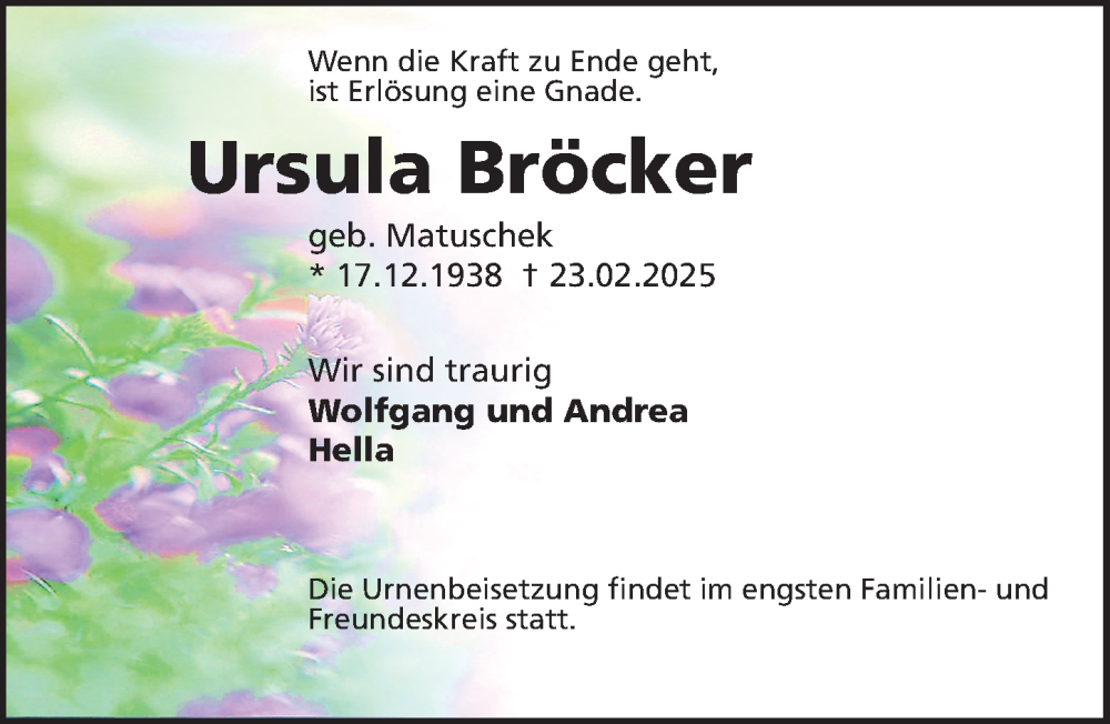  Traueranzeige für Ursula Bröcker vom 01.03.2025 aus Hannoversche Allgemeine Zeitung/Neue Presse
