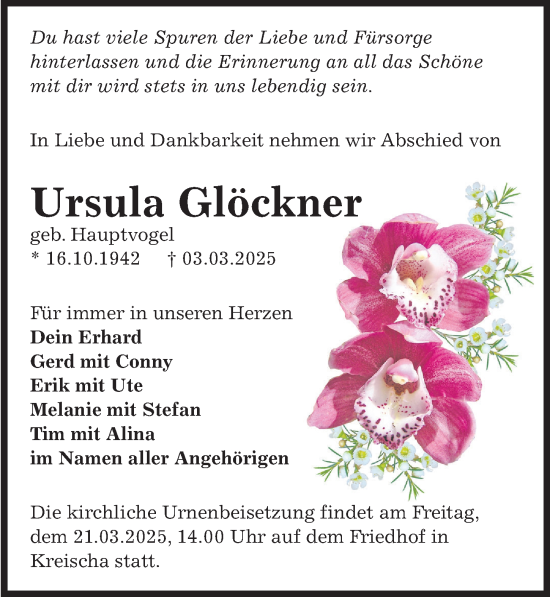 Traueranzeige von Ursula Glöckner von Sächsische Zeitung