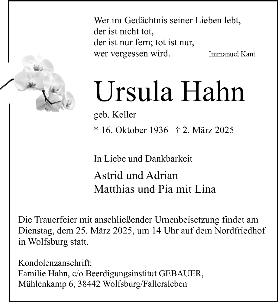 Traueranzeige für Ursula Hahn vom 22.03.2025 aus Aller Zeitung