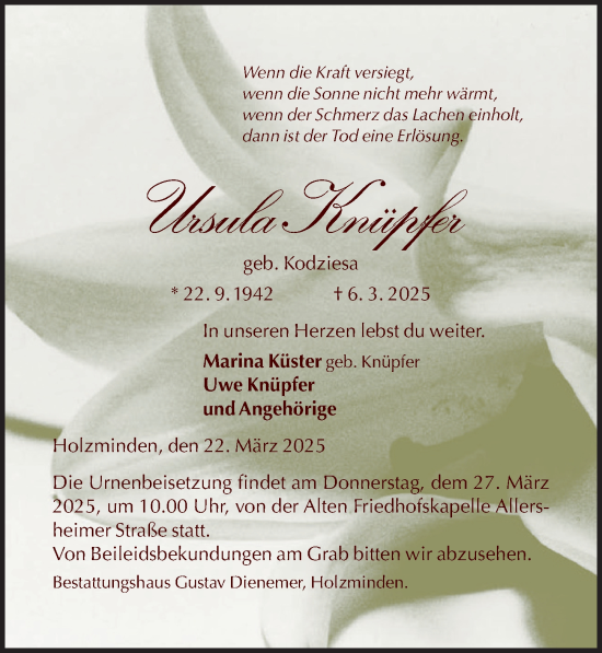 Traueranzeige von Ursula Knüpfer von Täglicher Anzeiger Holzminden