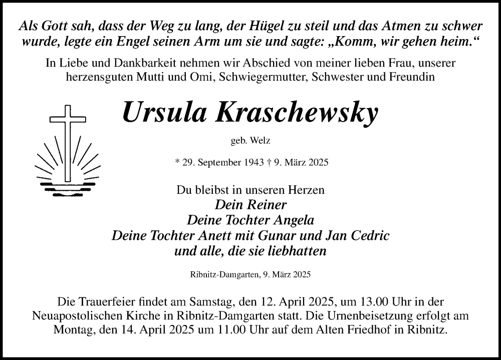  Traueranzeige für Ursula Kraschewsky vom 15.03.2025 aus Ostsee-Zeitung GmbH
