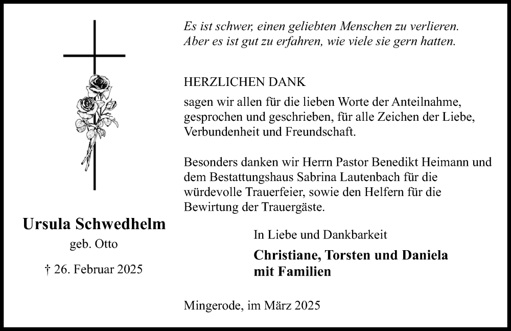  Traueranzeige für Ursula Schwedhelm vom 29.03.2025 aus Eichsfelder Tageblatt