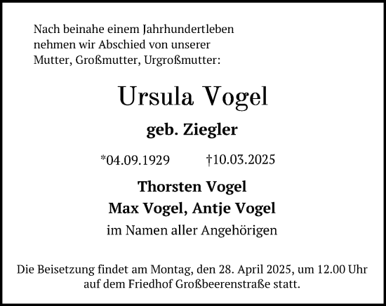 Traueranzeige von Ursula Vogel von Märkischen Allgemeine Zeitung