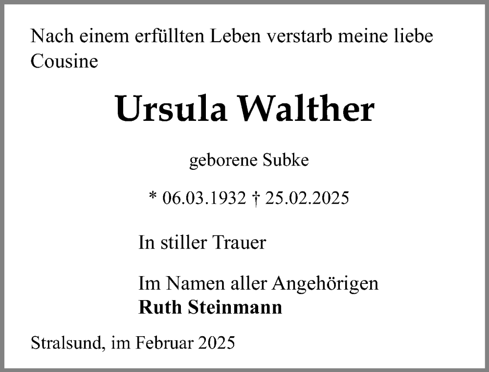  Traueranzeige für Ursula Walther vom 07.03.2025 aus Ostsee-Zeitung GmbH