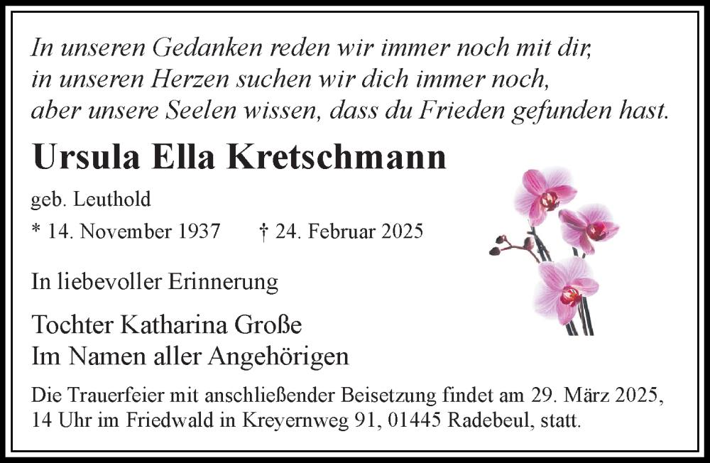  Traueranzeige für Ursula Ella Kretschmann vom 08.03.2025 aus Sächsische Zeitung