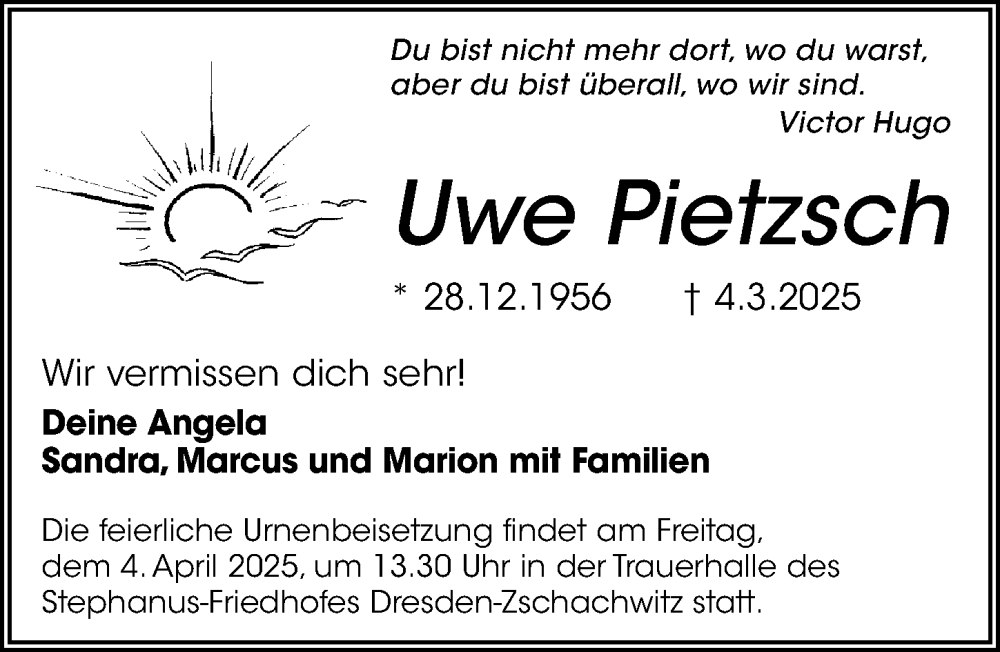  Traueranzeige für Uwe Pietzsch vom 22.03.2025 aus Sächsische Zeitung