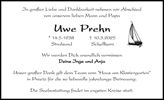 Traueranzeige von Uwe Prehn von Kieler Nachrichten