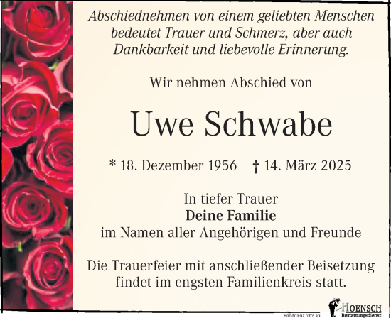 Traueranzeige von Uwe Schwabe von Leipziger Volkszeitung