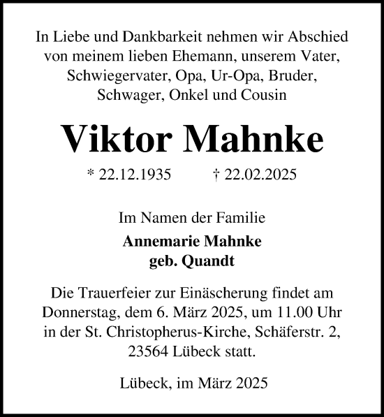 Traueranzeige von Viktor Mahnke von Lübecker Nachrichten
