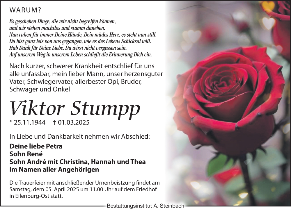  Traueranzeige für Viktor Stumpp vom 22.03.2025 aus Leipziger Volkszeitung