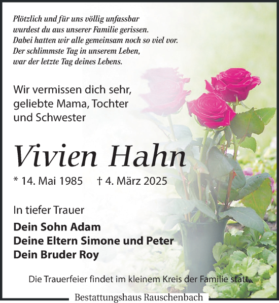 Traueranzeige von Vivien Hahn von Leipziger Volkszeitung