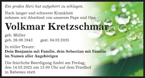 Traueranzeige von Volkmar Kretzschmar von Sächsische Zeitung