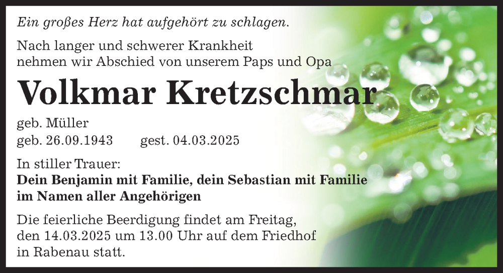  Traueranzeige für Volkmar Kretzschmar vom 08.03.2025 aus Sächsische Zeitung