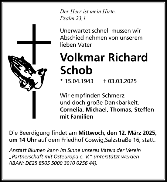 Traueranzeige von Volkmar Richard Schob von Sächsische Zeitung