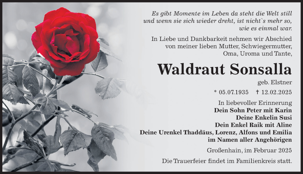  Traueranzeige für Waldraut Sonsalla vom 01.03.2025 aus Sächsische Zeitung