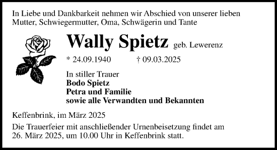 Traueranzeige von Wally Spietz von Ostsee-Zeitung GmbH