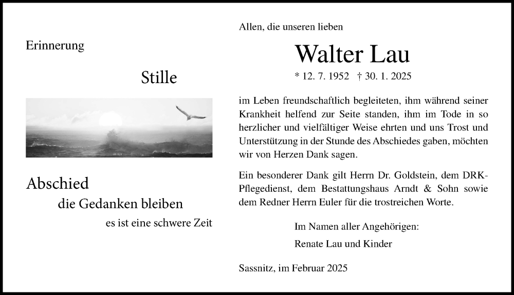  Traueranzeige für Walter Lau vom 01.03.2025 aus Ostsee-Zeitung GmbH