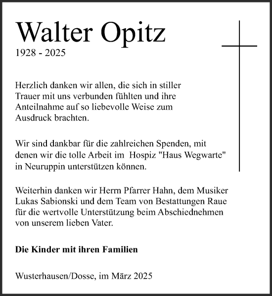 Traueranzeige von Walter Opitz von Wochenspiegel