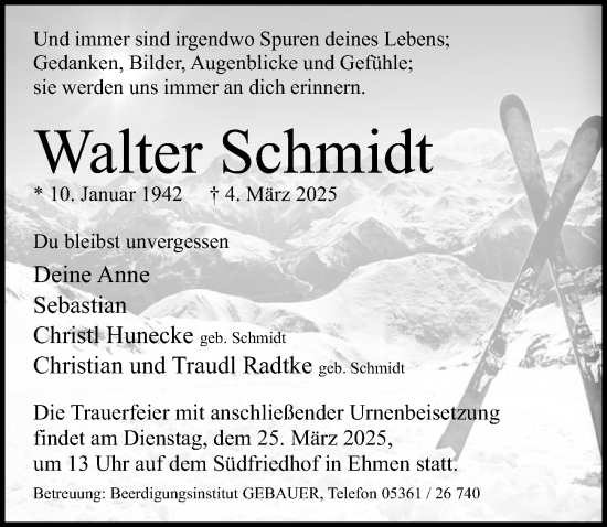 Traueranzeige von Walter Schmidt von Aller Zeitung