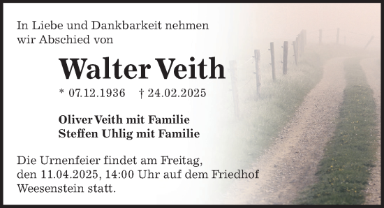 Traueranzeige von Walter Veith von Sächsische Zeitung