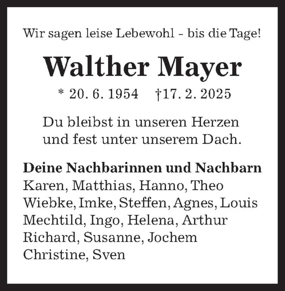  Traueranzeige für Walther Mayer vom 01.03.2025 aus Hannoversche Allgemeine Zeitung/Neue Presse