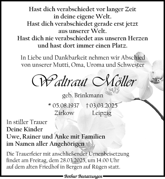Traueranzeige von Waltraut Möller von Ostsee-Zeitung GmbH