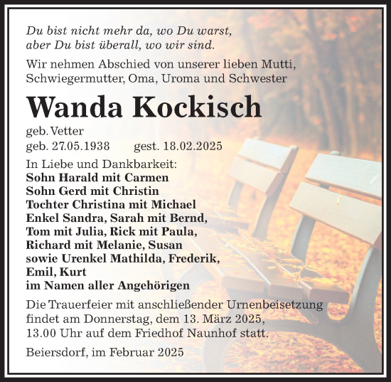 Traueranzeige von Wanda Kockisch von Sächsische Zeitung