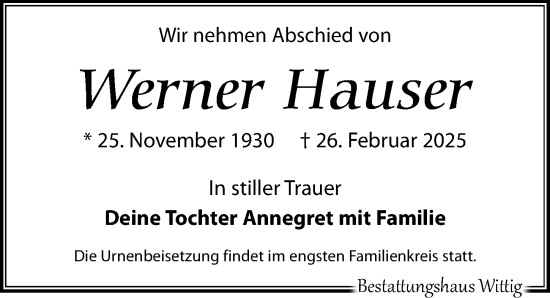 Traueranzeige von Werner Hauser von Leipziger Volkszeitung