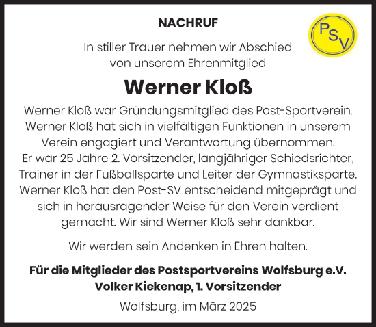 Traueranzeige von Werner Kloß von Aller Zeitung
