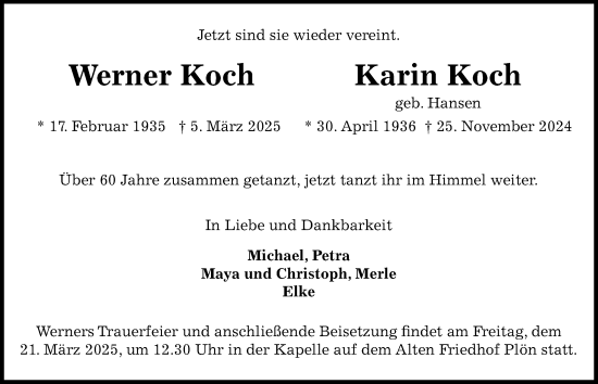 Traueranzeige von Werner Koch von Kieler Nachrichten