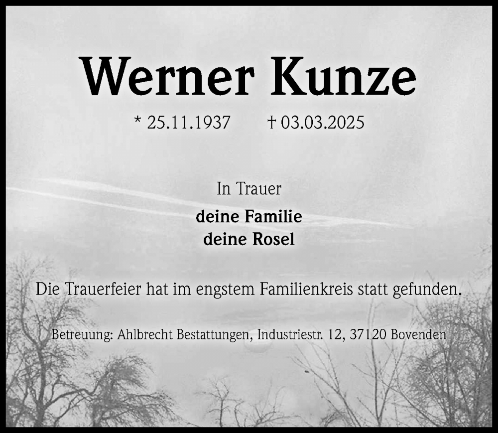  Traueranzeige für Werner Kunze vom 29.03.2025 aus Göttinger Tageblatt