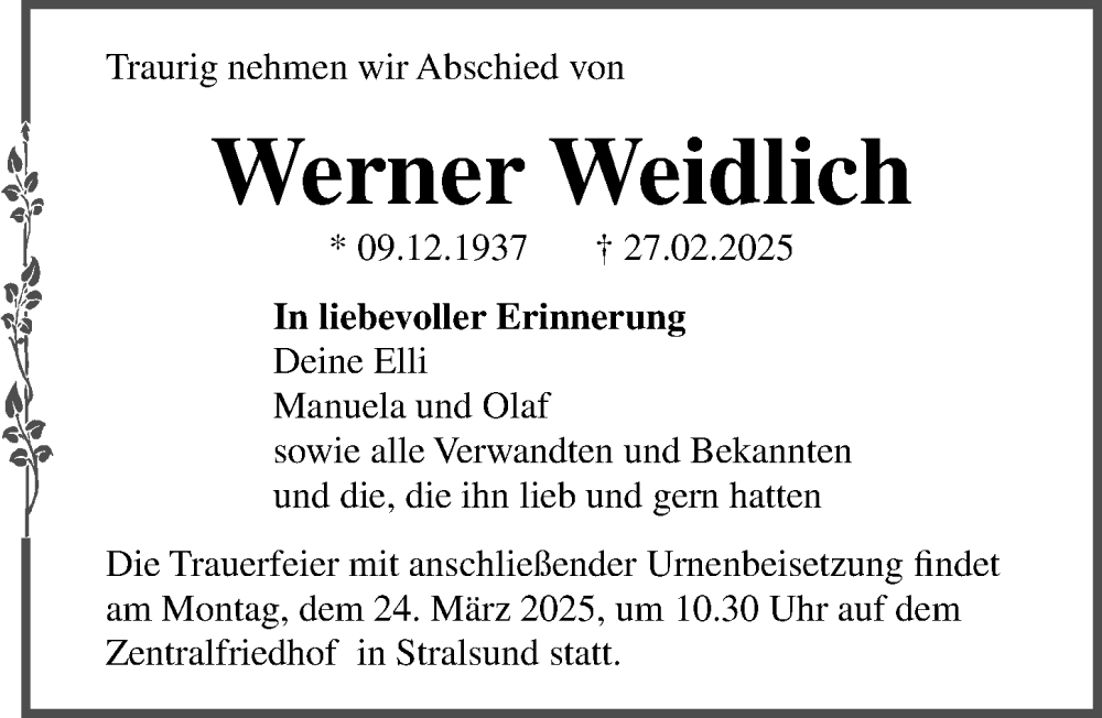  Traueranzeige für Werner Weidlich vom 15.03.2025 aus Ostsee-Zeitung GmbH