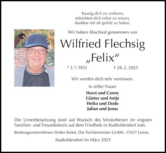 Traueranzeige von Wilfried Flechsig von Täglicher Anzeiger Holzminden